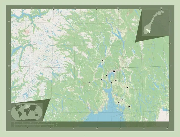 ノルウェーのヴィケン県 ストリートマップを開く 地域の主要都市の場所 コーナー補助位置図 — ストック写真