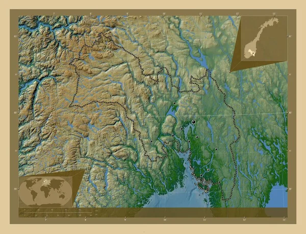 Викен Графство Норвегия Цветная Карта Высоты Озерами Реками Места Расположения — стоковое фото