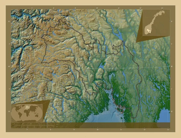 Викен Графство Норвегия Цветная Карта Высоты Озерами Реками Вспомогательные Карты — стоковое фото