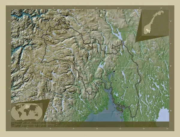 挪威县 用Wiki风格绘制的带有湖泊和河流的高程地图 该区域主要城市的所在地点 角辅助位置图 — 图库照片