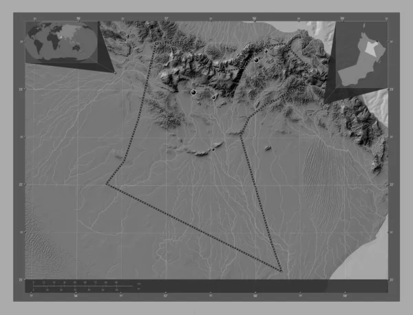 Dakhliyah Región Omán Mapa Elevación Bilevel Con Lagos Ríos Ubicaciones — Foto de Stock