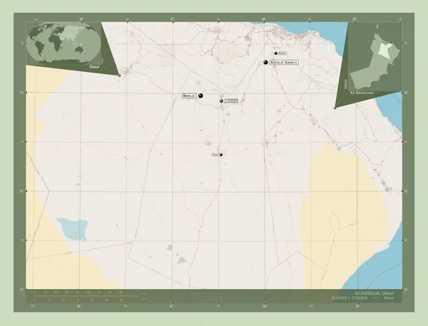 Dakhliyah Region Oman 开放街道地图 该区域主要城市的地点和名称 角辅助位置图 — 图库照片