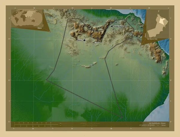 Dakhliyah Περιφέρεια Ομάν Χρωματιστός Υψομετρικός Χάρτης Λίμνες Και Ποτάμια Τοποθεσίες — Φωτογραφία Αρχείου