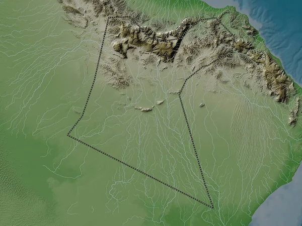 Ad Dakhliyah, Umman bölgesi. Yükseklik haritası göller ve nehirlerle wiki stilinde renklendirilmiştir