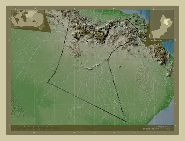Дахлия Область Оман Карта Высоты Окрашенная Вики Стиле Озерами Реками — стоковое фото