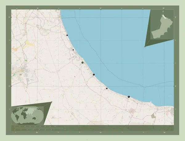 Batinah North 阿曼地区 开放街道地图 该区域主要城市的所在地点 角辅助位置图 — 图库照片