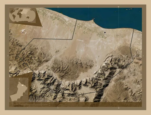 Batinah South Region Oman 低分辨率卫星地图 该区域主要城市的所在地点 角辅助位置图 — 图库照片