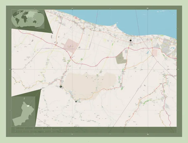 バティナー南オマーンの地域 ストリートマップを開く 地域の主要都市の場所 コーナー補助位置図 — ストック写真