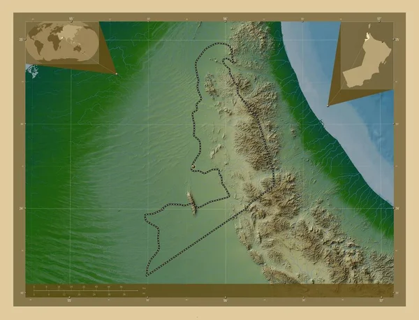 Buraymi Region Omanu Kolorowa Mapa Wzniesień Jeziorami Rzekami Lokalizacje Dużych — Zdjęcie stockowe