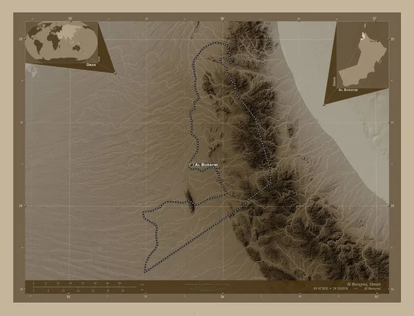 Buraymi Regione Dell Oman Mappa Elevazione Colorata Toni Seppia Con — Foto Stock