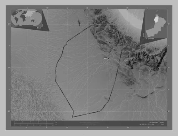 Dhahira Región Omán Mapa Elevación Escala Grises Con Lagos Ríos — Foto de Stock