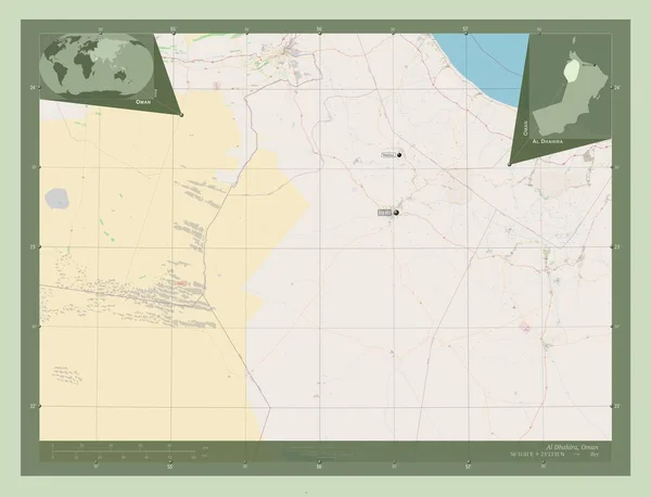 ダーヒラ オマーンの地域 ストリートマップを開く 地域の主要都市の位置と名前 コーナー補助位置図 — ストック写真