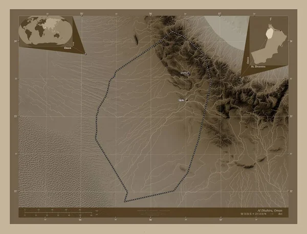 Dhahira Regione Dell Oman Mappa Elevazione Colorata Toni Seppia Con — Foto Stock