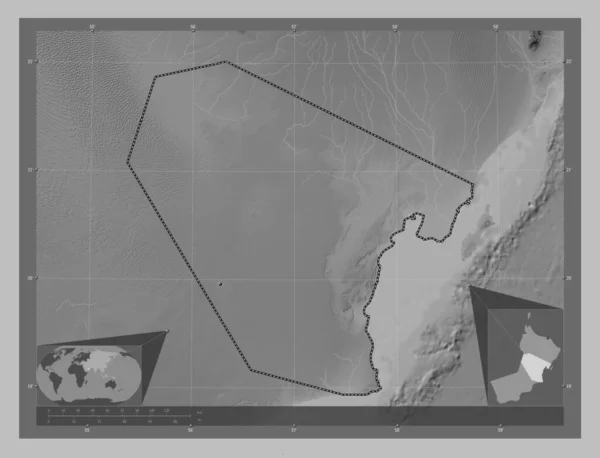 Wusta Region Omanu Mapa Wzniesień Skali Szarości Jeziorami Rzekami Lokalizacje — Zdjęcie stockowe