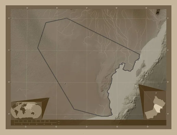 Аль Вуста Район Оману Висота Карти Забарвлена Сепії Тонів Озерами — стокове фото