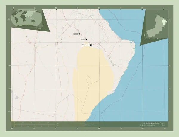 Ashsharqiyah North 阿曼地区 开放街道地图 该区域主要城市的地点和名称 角辅助位置图 — 图库照片