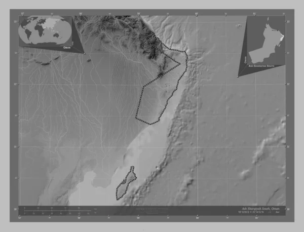 Ash Sharqiyah Sur Región Omán Mapa Elevación Escala Grises Con — Foto de Stock