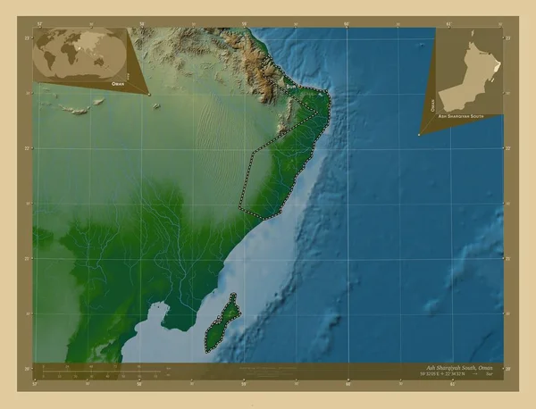 Шаркия Область Оман Цветная Карта Высоты Озерами Реками Места Названия — стоковое фото
