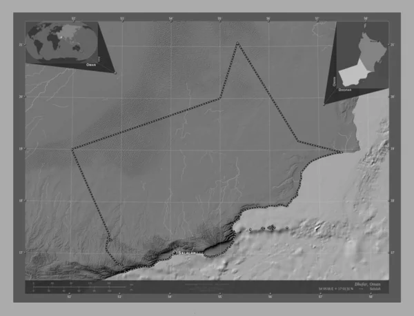 Dhofar Provincia Omán Mapa Elevación Bilevel Con Lagos Ríos Ubicaciones —  Fotos de Stock