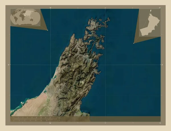 Musandam Prowincja Oman Mapa Satelity Wysokiej Rozdzielczości Lokalizacje Dużych Miast — Zdjęcie stockowe