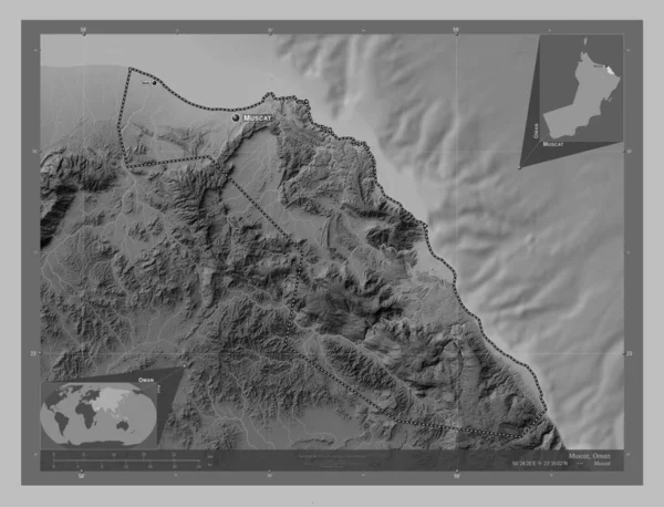 Maskat Provinz Oman Graustufen Höhenkarte Mit Seen Und Flüssen Orte — Stockfoto
