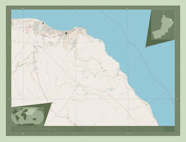 阿曼省马斯喀特 开放街道地图 该区域主要城市的所在地点 角辅助位置图 — 图库照片