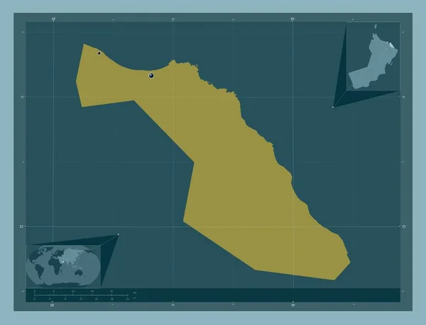 阿曼省马斯喀特 固体的颜色形状 该区域主要城市的所在地点 角辅助位置图 — 图库照片