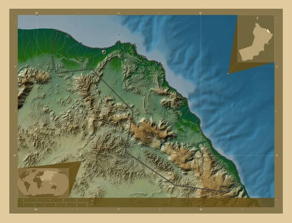 Muscat Prowincja Oman Kolorowa Mapa Wzniesień Jeziorami Rzekami Lokalizacje Dużych — Zdjęcie stockowe