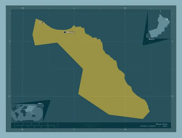 阿曼省马斯喀特 固体的颜色形状 该区域主要城市的地点和名称 角辅助位置图 — 图库照片