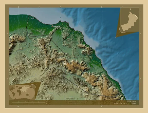Muscat Provinsi Oman Peta Elevasi Berwarna Dengan Danau Dan Sungai — Stok Foto