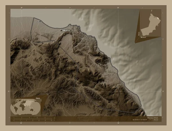 Maskat Provinz Oman Höhenkarte Sepiatönen Mit Seen Und Flüssen Orte — Stockfoto