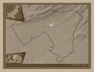 Islamabad Capital Territory, capital territory of Pakistan. Elevation map colored in sepia tones with lakes and rivers. Locations and names of major cities of the region. Corner auxiliary location maps