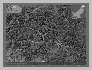 Gilgit-Baltistan, centrally administered area of Pakistan. Grayscale elevation map with lakes and rivers. Locations and names of major cities of the region. Corner auxiliary location maps