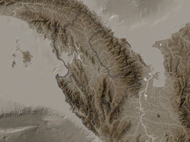 Darien, province of Panama. Elevation map colored in sepia tones with lakes and rivers