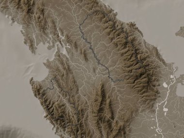 Embera, indigenous territory of Panama. Elevation map colored in sepia tones with lakes and rivers
