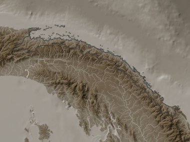 Kuna Yala, indigenous territory of Panama. Elevation map colored in sepia tones with lakes and rivers