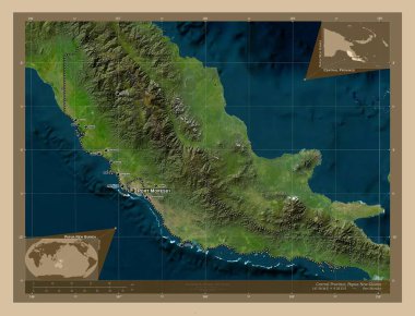 Central Province, province of Papua New Guinea. Low resolution satellite map. Locations and names of major cities of the region. Corner auxiliary location maps
