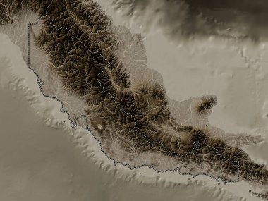 Central Province, province of Papua New Guinea. Elevation map colored in sepia tones with lakes and rivers