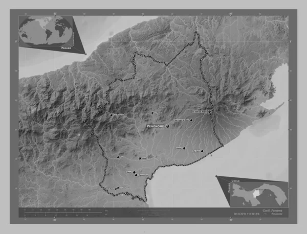 Cocle Province Panama Grayscale Elevation Map Lakes Rivers Locations Names — Stock fotografie