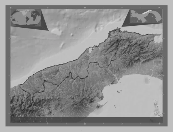 Colon Province Panama Grayscale Elevation Map Lakes Rivers Corner Auxiliary — Stock fotografie