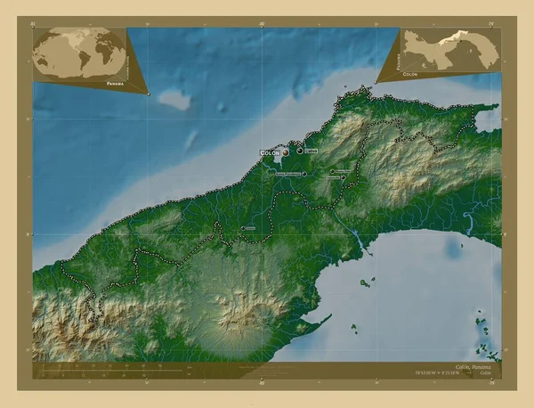 Colon Province Panama Colored Elevation Map Lakes Rivers Locations Names — Φωτογραφία Αρχείου