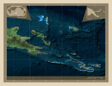Milne Bay, province of Papua New Guinea. High resolution satellite map. Locations and names of major cities of the region. Corner auxiliary location maps clipart
