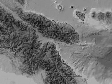 Morobe, province of Papua New Guinea. Grayscale elevation map with lakes and rivers
