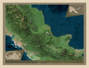 Oro, province of Papua New Guinea. High resolution satellite map. Locations of major cities of the region. Corner auxiliary location maps