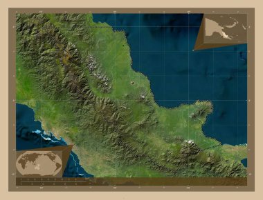 Oro, province of Papua New Guinea. Low resolution satellite map. Corner auxiliary location maps