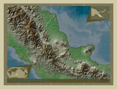 Oro, province of Papua New Guinea. Elevation map colored in wiki style with lakes and rivers. Locations of major cities of the region. Corner auxiliary location maps