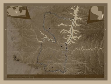 Alto Parana, department of Paraguay. Elevation map colored in sepia tones with lakes and rivers. Locations of major cities of the region. Corner auxiliary location maps