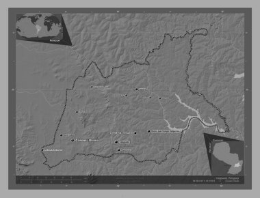 Caaguazu, department of Paraguay. Bilevel elevation map with lakes and rivers. Locations and names of major cities of the region. Corner auxiliary location maps