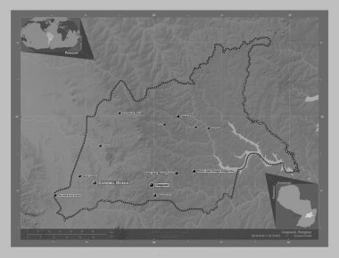 Caaguazu, department of Paraguay. Grayscale elevation map with lakes and rivers. Locations and names of major cities of the region. Corner auxiliary location maps