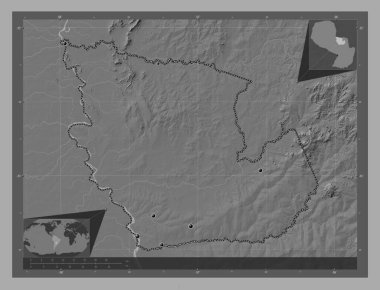 Concepcion, department of Paraguay. Bilevel elevation map with lakes and rivers. Locations of major cities of the region. Corner auxiliary location maps